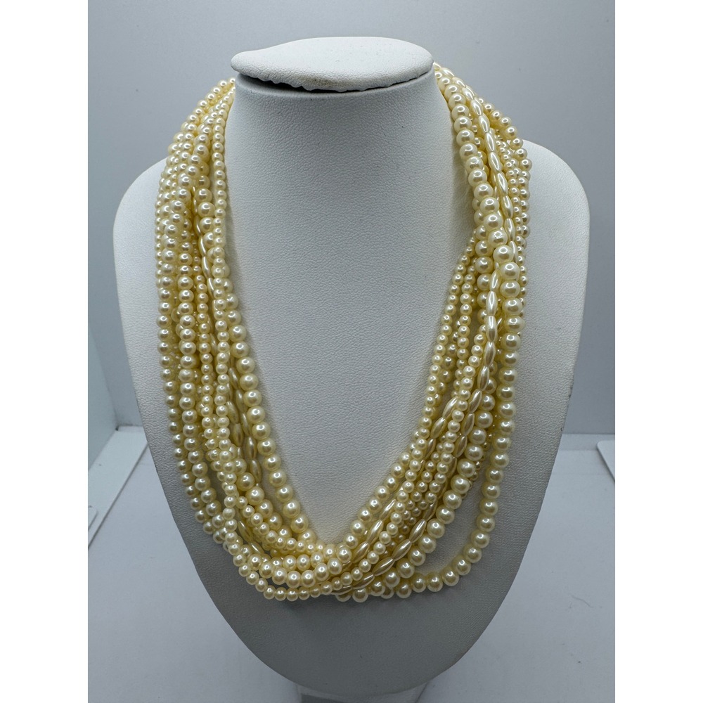 Vintage Multi-Strand Faux Pearl Necklace 8 Tier Cream Gold Tone Clasp Bridal
